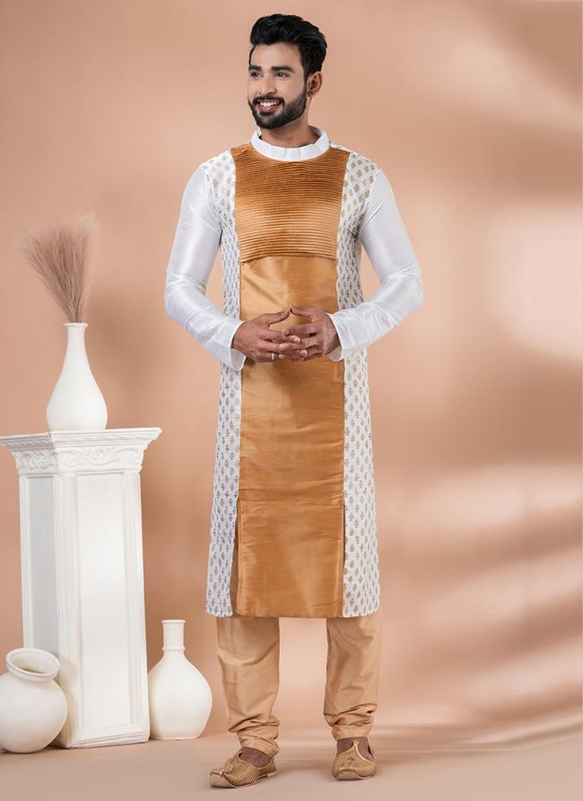 Banarasi Dhupion Silk White Chiku Festival Wear Weaving Kurta Pajama